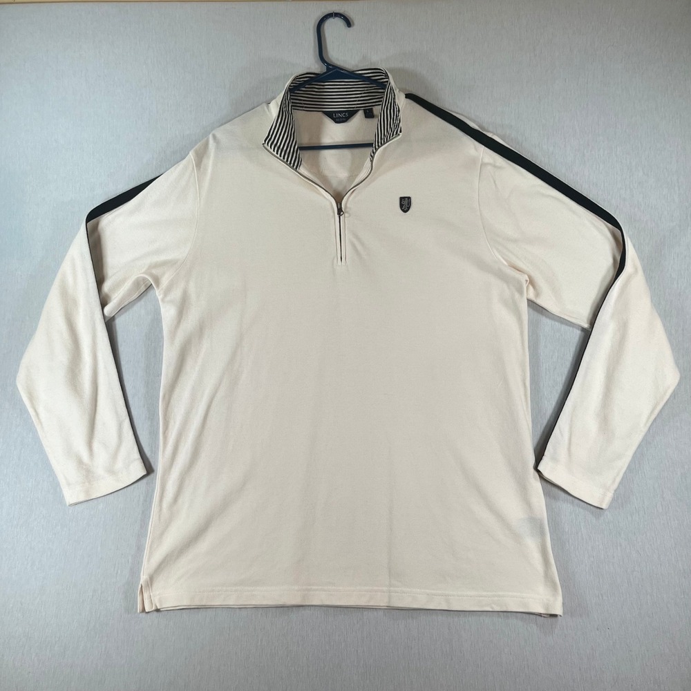 Lincs DC & Co Mens Large 1/4 Zip Pullover Cream Cotton Pique Racing Stripe Crest